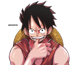 Rule 34 | 1boy, aosora2823, artist name, bare shoulders, black eyes, black hair, commentary, finger to mouth, gear third, hat, hat on back, looking at viewer, male focus, monkey d. luffy, one piece, open mouth, red shirt, shirt, short hair, simple background, smile, solo, straw hat, teeth, unworn hat, unworn headwear, upper body, v-shaped eyebrows, white background