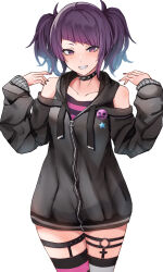 Rule 34 | 1girl, :d, black choker, black jacket, choker, collarbone, commentary, cowboy shot, diagonal bangs, hands up, highres, idolmaster, idolmaster shiny colors, jacket, long sleeves, looking at viewer, applying manicure, nail polish, o-ring, o-ring thigh strap, off-shoulder jacket, off shoulder, open mouth, purple eyes, purple hair, purple nails, short twintails, simple background, smile, solo, spiked choker, spikes, standing, star (symbol), striped clothes, striped thighhighs, tanaka mamimi, thigh strap, thighhighs, twintails, white background, zettai ryouiki, zundakun0123