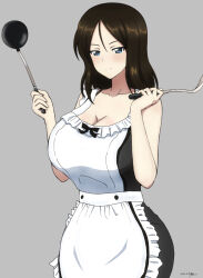 Rule 34 | 1girl, apron, black hair, blue eyes, breasts, bukkuri, cleavage, closed mouth, collarbone, commission, dual wielding, frilled apron, frills, girls und panzer, grey background, hands up, holding, holding ladle, holding spatula, ladle, large breasts, long hair, nonna (girls und panzer), pixiv commission, simple background, smile, solo, spatula