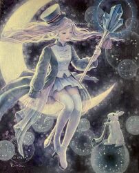 Rule 34 | 1girl, boots, bubble, closed eyes, commentary request, crescent moon, floating hair, grey hair, hat, high heel boots, high heels, highres, holding, holding staff, horn (instrument), jacket, long hair, moon, oil painting (medium), on crescent, original, painting (medium), parted lips, peaked cap, rabbit, ringodrawing, skirt, smile, solo, staff, surreal, thigh boots, thighhighs, traditional media, white footwear, white rabbit (animal), white skirt, zettai ryouiki