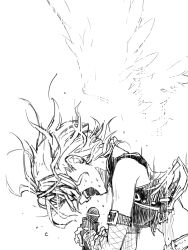 Rule 34 | 1girl, angel wings, bare shoulders, belt, belt buckle, buckle, commentary request, cropped jacket, detached sleeves, closed eyes, fishnets, greyscale, highres, holding, holding microphone, idolmaster, idolmaster cinderella girls, kimura natsuki, kyoshincats, messy hair, microphone, monochrome, motion lines, music, navel, open mouth, short hair, shouting, singing, sketch, sleeveless, sleeveless jacket, solo, upper body, wings