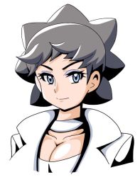 Rule 34 | 1girl, alternate breast size, black hair, blue eyes, breasts, choker, cleavage, closed mouth, collarbone, creatures (company), diantha (pokemon), eyelashes, eyeshadow, game freak, jacket, koutarosu, large breasts, looking at viewer, makeup, nintendo, open clothes, open jacket, pokemon, pokemon xy, short hair, simple background, smile, solo, tsurime, upper body, very short hair, white background, white jacket