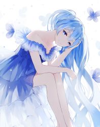 Rule 34 | 1girl, alternate costume, alternate hair color, backlighting, blue dress, blue eyes, blue hair, blue theme, blush, bug, butterfly, collarbone, dress, frilled dress, frills, hand on own head, hatsune miku, head rest, head tilt, highres, insect, levi9452, light particles, long hair, matching hair/eyes, simple background, sitting, smile, solo, twintails, very long hair, vocaloid, white background