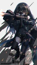 Rule 34 | arm guards, arm pouch, arms up, assault rifle, asymmetrical legwear, barcode, black footwear, black gloves, black hair, black shorts, black thighhighs, boots, brown eyes, chromatic aberration, combat boots, covered face, detached sleeves, firing, foregrip, full body, girls&#039; frontline, gloves, green eyes, green sweater, gun, highres, holding, holding weapon, knee guards, kuro kosyou, long hair, lying, m4 carbine, m4a1 (girls&#039; frontline), m4a1 (mod3) (girls&#039; frontline), mask, mod3 (girls&#039; frontline), multicolored hair, muzzle flash, on back, rifle, scope, serious, short shorts, shorts, sight, simple background, sleeveless, sleeveless sweater, smoke, solo, standing, strap, suppressor, sweater, thighhighs, thighs, uneven legwear, weapon, weapon case, white background, zettai ryouiki