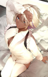 Rule 34 | 1girl, 2022, absurdres, arm up, bed, blonde hair, blue eyes, breasts, chiwa kotarou, cleavage, cowboy shot, cowlick, dark-skinned female, dark skin, ear piercing, frilled shirt, frills, from above, hair over one eye, highres, indoors, large breasts, looking at viewer, looking up, maid, nail polish, no pants, original, parted lips, partially unbuttoned, piercing, red nails, shirt, short hair, sidelocks, sitting, solo, suspenders, tan, teeth, thighhighs, white shirt, white thighhighs, wooden floor