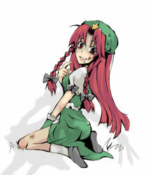 Rule 34 | 1girl, asana, bad id, bad pixiv id, braid, china dress, chinese clothes, dress, female focus, gloves, hair ribbon, hat, hong meiling, immaterial and missing power, injury, izayoi sakuya, long hair, red eyes, red hair, ribbon, saliva, scrapes, shadow, solo, embodiment of scarlet devil, touhou, twin braids, you gonna get raped