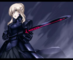 Rule 34 | 1girl, armor, armored dress, artoria pendragon (fate), bad id, bad pixiv id, blonde hair, dress, excalibur (fate/stay night), fate/stay night, fate (series), letterboxed, saber (fate), saber alter, short hair, solo, sword, takemori shintarou, weapon, yellow eyes