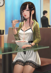 Rule 34 | 1boy, 1girl, absurdres, black hair, bowl, bracelet, breasts, brown eyes, chopsticks, clock, darkmuleth, dress, earrings, covered erect nipples, food, hair ornament, hairclip, highres, indoors, jewelry, long hair, looking at viewer, nail polish, necklace, noodles, open mouth, original, pink nails, ring, sitting, solo focus, teeth, watch, wristwatch
