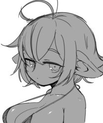 Rule 34 | 1girl, antenna hair, armpit crease, bikini, breasts, cleavage, closed mouth, collarbone, dot mouth, expressionless, greyscale, inarou (rakugakiproject), jitome, large breasts, looking at viewer, monochrome, original, pointy ears, shiny skin, short hair, simple background, sketch, solo, strap gap, swimsuit, upper body, white background