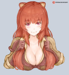 Rule 34 | 1girl, animal ears, bigsquirt, blue background, blush, breasts, brown gloves, cleavage, closed mouth, collarbone, gloves, highres, large breasts, long hair, long sleeves, patreon username, raphtalia, red hair, sidelocks, simple background, smile, solo, tate no yuusha no nariagari, upper body