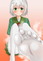 Rule 34 | 1girl, blush, feet, foot focus, green eyes, highres, kanokke, kantai collection, looking at viewer, panties, panties under pantyhose, pantyhose, pantyshot, pov, shimushu (kancolle), silver hair, smile, soles, steam, toes, underwear, white pantyhose