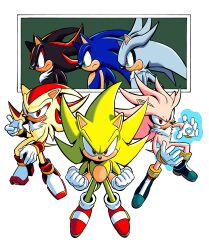 Rule 34 | absurdres, aura, black footwear, black fur, blue fur, clenched hands, clenched teeth, dragon ball, dragonball z, energy, fighting stance, from side, full body, green background, green eyes, grey fur, highres, kolsanart, parody, red eyes, red footwear, shadow the hedgehog, shoes, silver the hedgehog, simple background, sonic (series), sonic the hedgehog, super shadow, super silver, super sonic, teeth, white background, yellow eyes, yellow fur
