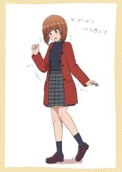 Rule 34 | 1girl, black footwear, black shirt, black socks, blush, brown eyes, brown hair, casual, coat, commentary, flying sweatdrops, girls und panzer, grey skirt, heel up, highres, lettuce-labo, loafers, long sleeves, looking to the side, medium skirt, motion lines, nishizumi miho, open clothes, open coat, open mouth, plaid, plaid skirt, red coat, shadow, shirt, shoes, short hair, skirt, smile, socks, solo, standing, translated, winter clothes