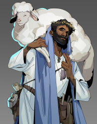 Rule 34 | 1boy, absurdres, beard, black hair, brown eyes, carrying, crown of thorns, dark-skinned male, dark skin, facial hair, highres, jesus, lamb, male focus, mustache, parody, sheep, solo, standing, style parody, the bible, wolfythewitch