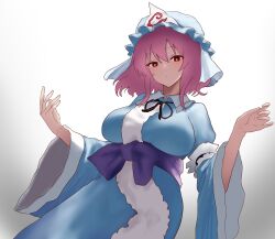Rule 34 | 1girl, absurdres, blue hat, blue kimono, breasts, bright pupils, commentary, gradient background, hat, highres, japanese clothes, kimono, large breasts, long sleeves, looking at viewer, mob cap, moriforest1040, pink eyes, pink hair, saigyouji yuyuko, sash, short hair, solo, touhou, triangular headpiece, white background, white pupils, wide sleeves