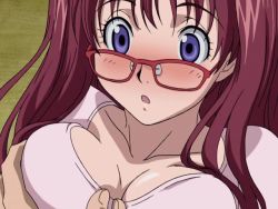 Rule 34 | 1boy, 1girl, air gear, animated, animated gif, blush, grabbing another&#039;s breast, breasts, cleavage, food in mouth, glasses, grabbing, groping, hetero, large breasts, long hair, looking over eyewear, noyamano ringo, purple eyes, red-framed eyewear, twintails