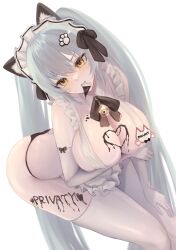 Rule 34 | animal ears, apron, bent over, bikini, bikini bottom only, black bikini, blue hair, blush, breasts, cat ears, character name, chocolate, chocolate on body, chocolate on breasts, elbow gloves, fake animal ears, food on body, gloves, goddess of victory: nikke, hamuhanama, hand on own thigh, highres, large breasts, legwear garter, light blue hair, long hair, maid, maid headdress, mouth hold, neck bell, official alternate costume, paw hair ornament, privaty (nikke), privaty (unkind maid) (nikke), swimsuit, thighhighs, twintails, very long hair, white apron, white gloves, white thighhighs, yellow eyes