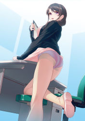 Rule 34 | 1girl, 40hara, ass, bad id, bad twitter id, black jacket, brown hair, chair, clipboard, clothes lift, crotch seam, desk, dress, dress lift, dutch angle, from below, glaring, hair over shoulder, hayakawa natsumi, highres, holding, holding clipboard, indoors, iya na kao sare nagara opantsu misete moraitai, jacket, lifted by self, long hair, long sleeves, looking at viewer, looking back, on one knee, open mouth, panties, panties under pantyhose, pantyhose, pink dress, pink footwear, purple eyes, purple panties, sandals, see-through, see-through legwear, shoe soles, skirt hold, solo, standing, thighs, underwear