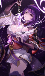 Rule 34 | 1girl, absurdres, between breasts, braid, breasts, cleavage, commentary, drawing sword, electricity, emblem, english commentary, genshin impact, hair ornament, highres, holding, holding sword, holding weapon, human scabbard, japanese clothes, katana, kimono, large breasts, long hair, looking up, low-braided long hair, low-tied long hair, musou isshin (genshin impact), obi, panties, purple eyes, purple hair, purple panties, raiden shogun, red rope, rope, sash, sheath, shimenawa, solo, sungnyung15, sword, thighhighs, thighs, underwear, unsheathing, very long hair, weapon