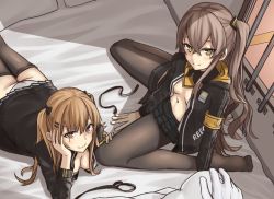 Rule 34 | 2girls, 404 logo (girls&#039; frontline), armband, bed, breasts, brown eyes, brown hair, clothes pull, elfenlied22, girls&#039; frontline, highres, jacket, long hair, looking at viewer, lying, medium breasts, multiple girls, navel, on stomach, open clothes, open jacket, pantyhose, pantyhose pull, scar, scar across eye, scar on face, siblings, sisters, sitting, small breasts, smile, twins, twintails, ump45 (girls&#039; frontline), ump9 (girls&#039; frontline), yellow eyes