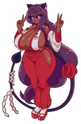 Rule 34 | 1girl, animal ear piercing, animal ears, badge, black sclera, breasts, button badge, colored sclera, curvy, dark-skinned female, dark skin, demon tail, detached sleeves, double v, fang, fingernails, full body, hakama, highres, hip vent, huge breasts, japanese clothes, lirin (masked agent), long fingernails, long hair, low-tied long hair, masked agent, nontraditional miko, original, pink nails, purple eyes, purple hair, ribbon, sandals, shide, skin fang, solo, standing, tail, tail ornament, tail ribbon, thick thighs, thighs, transparent background, v, very long hair, wide hips