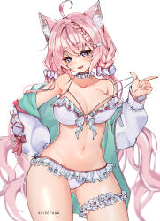 Rule 34 | 1girl, absurdres, ahoge, animal ear fluff, animal ears, artist name, bare shoulders, bikini, blurry, blurry background, blush, bow, braid, braided bangs, breasts, choker, collarbone, commentary, fang, fingernails, frilled bikini, frilled choker, frills, gluteal fold, green hoodie, hair ornament, hair scrunchie, hakui koyori, hakui koyori (summer), hand on own hip, head tilt, heart, heart bikini, heart hair ornament, highres, hololive, hood, hoodie, index finger raised, keisea, ko-fi username, large breasts, long hair, long sleeves, looking at viewer, nail polish, navel, open clothes, open hoodie, open mouth, patreon username, pink bow, pink choker, pink hair, pink nails, pulled by self, purple eyes, raised eyebrows, scrunchie, simple background, skin fang, sleeves past wrists, smile, solo, stomach, strap pull, swimsuit, thigh strap, thighs, twintails, twitter username, two-tone choker, two-tone hoodie, virtual youtuber, white background, white bikini, white choker, white hoodie, white scrunchie, wing hair ornament, wolf ears, wolf girl