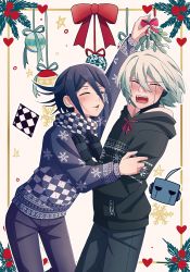 Rule 34 | 2boys, ahoge, android, arm up, black hoodie, black pants, black scarf, blue pants, blue sweater, blush, bow, checkered background, checkered clothes, checkered scarf, cheer (cheerpuppy14), closed eyes, commentary, danganronpa (series), danganronpa v3: killing harmony, embarrassed, english commentary, flower, hands up, heart, highres, holding, holding mistletoe, hood, hoodie, imminent kiss, k1-b0, leaning forward, male focus, medium hair, mistletoe, multiple boys, oma kokichi, open mouth, pants, pushing away, red bow, red ribbon, ribbon, scarf, snowflake print, sweater, white scarf, yaoi