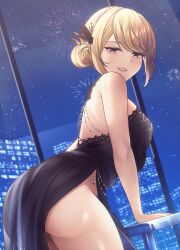 Rule 34 | 1girl, absurdres, aerial fireworks, azur lane, black dress, blonde hair, cityscape, commentary, dress, english commentary, evening gown, fireworks, hair ornament, highres, legs, looking at viewer, no panties, official alternate costume, prince of wales (a knight&#039;s song a lady&#039;s night) (azur lane), prince of wales (azur lane), pumpkinpaii, red eyes, side slit, thighs, window