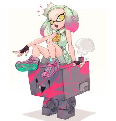 Rule 34 | 1girl, aqua nails, bad id, bad tumblr id, bike shorts, crown, dress, fangs, fingerless gloves, fingernails, full body, gloves, inkling, mini crown, mole, mole under mouth, multicolored hair, nail polish, nintendo, open mouth, paint, pearl (splatoon), pink hair, shoes, short eyebrows, simple background, sitting, sleeveless, sleeveless dress, sneakers, solo, splatoon (series), splatoon 2, symbol-shaped pupils, two-tone hair, tyto alba, white background, white hair, yellow eyes