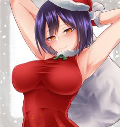 Rule 34 | 1girl, armpits, arms behind head, arms up, blue hair, blush, breasts, commentary, earrings, fur trim, gloves, hat, holding, holding sack, jewelry, large breasts, looking at viewer, nijisanji, red gloves, ricochet-gou, sack, santa costume, santa hat, shizuka rin, short hair, sleeveless, smile, solo, star (symbol), star earrings, upper body, virtual youtuber, yellow eyes