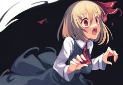 Rule 34 | 1girl, alternate breast size, blonde hair, blouse, bow, breasts, collared shirt, darkness, dress shirt, fuukadia (narcolepsy), hair bow, hair ribbon, long sleeves, necktie, open mouth, red bow, red eyes, red necktie, red ribbon, ribbon, rumia, sharp teeth, shirt, short hair, skirt, solo, teeth, touhou, vest, white shirt, wing collar