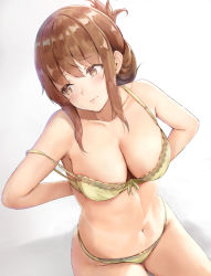 Rule 34 | 1girl, arms behind back, blush, bow, bow panties, bra, breasts, brown eyes, brown hair, cleavage, closed mouth, collarbone, folded ponytail, highres, inazuma (kancolle), irohakaede, kantai collection, large breasts, lips, navel, aged up, panties, short hair, simple background, sitting, solo, strap slip, underwear, underwear only, yellow bra, yellow panties