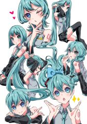 Rule 34 | 1girl, alternate hair length, alternate hairstyle, aqua hair, bare shoulders, black thighhighs, blue eyes, blush, bow, braid, breasts, detached sleeves, hair bow, hatsune miku, heart, long hair, looking at viewer, multiple views, necktie, one eye closed, open mouth, ponytail, ramika (ramika0606), short hair, simple background, smile, thighhighs, vocaloid, white background