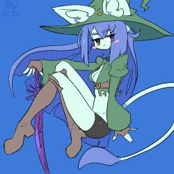 Rule 34 | 1girl, boots, cat, furry, furry female, hat, purple hair, solo, the amboina, witch hat, yellow eyes
