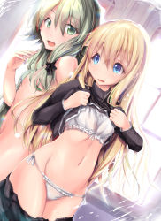 Rule 34 | 2girls, backlighting, black bow, black shirt, black skirt, blonde hair, blush, bow, bow bra, bra, breasts, clothes lift, clothes pull, commentary request, completely nude, day, dutch angle, gc3, goblin slayer!, green eyes, green hair, groin, hair between eyes, hair bow, hair over breasts, high elf archer (goblin slayer!), highres, lifting own clothes, long hair, multiple girls, navel, nude, open mouth, panties, pointy ears, priestess (goblin slayer!), ribbon-trimmed bra, shirt, shirt lift, side-tie panties, skirt, skirt pull, small breasts, standing, sunlight, underwear, very long hair, white bra, white panties, window