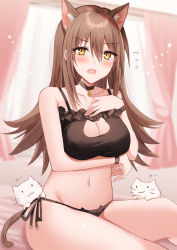 Rule 34 | 1girl, animal ears, bare arms, bare shoulders, bell, black choker, blush, breasts, brown hair, cat ears, cat girl, cat lingerie, cat tail, choker, collarbone, commentary request, hand on own chest, highres, kinona, large breasts, long hair, looking at viewer, meme attire, navel, neck bell, open mouth, original, sitting, solo, tail, thighs, yellow eyes
