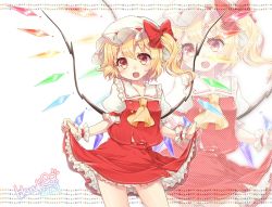 Rule 34 | 1girl, :d, arm garter, ascot, bad id, bad twitter id, blonde hair, blush, bow, clothes lift, cowboy shot, crystal, dated, fang, flandre scarlet, frilled shirt collar, frilled skirt, frills, haruki (colorful macaron), hat, hat bow, highres, lifting own clothes, looking at viewer, mob cap, open mouth, puffy short sleeves, puffy sleeves, red bow, red eyes, red skirt, red vest, short sleeves, side ponytail, signature, skirt, skirt lift, skirt set, smile, solo, touhou, vest, wings, wrist cuffs, zoom layer