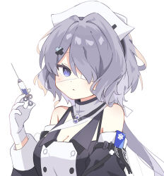 Rule 34 | 1girl, arknights, bare shoulders, black dress, breasts, cleavage, commentary, dress, eyepatch, gloves, hair over one eye, highres, holding, holding syringe, long hair, medical eyepatch, medium breasts, purple eyes, purple hair, ryoku sui, simple background, solo, syringe, two-tone dress, upper body, whisperain (arknights), white background, white dress, white gloves, white headwear