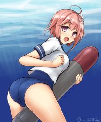 Rule 34 | 10s, 1girl, :d, ahoge, ass, blush, don (29219), from behind, hair ornament, i-58 (kancolle), kantai collection, looking at viewer, looking back, open mouth, pink hair, red eyes, school swimsuit, school uniform, short hair, smile, solo, swimsuit, swimsuit under clothes, torpedo, type 95 torpedo