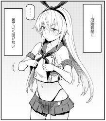 Rule 34 | ..., 1girl, commentary request, crop top, elbow gloves, gloves, greyscale, hairband, highleg, highleg panties, highres, kantai collection, long hair, microskirt, miniskirt, monochrome, neckerchief, panties, pleated skirt, sailor collar, shimakaze (kancolle), shirt, skirt, sleeveless, sleeveless shirt, solo, spoken ellipsis, translation request, underwear, watanore
