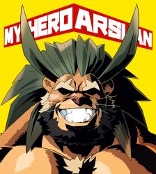 Rule 34 | 1boy, all might, animal ears, antenna hair, arsalan (tokyo houkago summoners), bara, blonde hair, boku no hero academia, brown fur, covered eyes, furry, furry male, green hair, grin, large pectorals, lion boy, lion ears, long hair, male focus, mature male, medium hair, multicolored hair, muscular, muscular male, parody, pectorals, rossciaco, smile, solo, tokyo houkago summoners, two-tone hair, upper body, whiskers