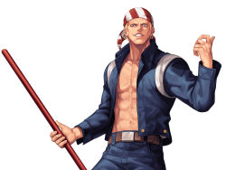 Rule 34 | 1boy, abs, bandana, billy kane, blonde hair, blue eyes, blue jacket, blue pants, commentary request, cowboy shot, evilgun, fatal fury, grin, hand up, highres, holding, holding staff, holding weapon, jacket, long sleeves, looking at viewer, male focus, navel, open clothes, open jacket, pants, pectorals, short hair, simple background, smile, solo, staff, standing, teeth, the king of fighters, the king of fighters &#039;97, toned, toned male, veins, weapon, white background