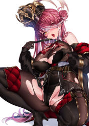 Rule 34 | 1girl, absurdres, bare shoulders, black headwear, black jacket, black thighhighs, blush, bodysuit, boots, breasts, cleavage, fold-over boots, gloves, heterochromia, high heel boots, high heels, highres, holding, hololive, houshou marine, houshou marine (marching band), jacket, kakikurui, large breasts, leotard, leotard under clothes, long hair, looking at viewer, off shoulder, open mouth, red hair, red ribbon, ribbon, see-through, see-through cleavage, see-through leotard, spread legs, thigh boots, thighhighs, thighs, tongue, tongue out, torn bodysuit, torn clothes, virtual youtuber