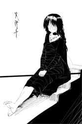 Rule 34 | 1girl, akahito (artist), barefoot, black hair, cape, choker, demon&#039;s souls, dress, feet, female focus, from software, full body, jewelry, long hair, maiden in black, monochrome, necklace, sitting, solo, staff, stairs