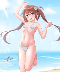 Rule 34 | 1girl, ame-san, asagumo (kancolle), barefoot, beach, bikini, blue bikini, blue bow, blue sky, bow, brown hair, cloud, dated, day, feet out of frame, flat chest, grey eyes, hair bow, highres, horizon, kantai collection, long hair, ocean, outdoors, sky, solo, standing, standing on one leg, striped bikini, striped clothes, swimsuit, twintails, twitter username, white bow