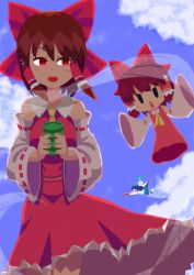 Rule 34 | 3girls, absurdres, ascot, black eyes, black hair, black wings, blue sky, blush stickers, bow, brown hair, cloud, commentary request, cookie (touhou), cup, daikon, detached sleeves, dress, feathered wings, feet out of frame, flying, frilled hair tubes, frills, full body, green bow, green skirt, hair bow, hair tubes, hakurei reimu, highres, holding, holding cup, huge filesize, looking at another, looking at viewer, looking to the side, mini person, minigirl, multiple girls, nadeko (cookie), open mouth, psychic parrot, radish, red bow, red dress, red eyes, red shirt, red skirt, reiuji utsuho, reu (cookie), reu daikon, ribbon-trimmed sleeves, ribbon trim, sakenomi (cookie), shirt, short hair, skirt, sky, sleeveless, sleeveless shirt, sleeves past wrists, touhou, triangle mouth, white shirt, white sleeves, wide sleeves, wings, yellow ascot, yunomi