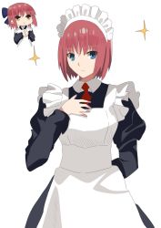 Rule 34 | 2girls, :&lt;, apron, arm behind back, bad id, bad twitter id, blue bow, blue eyes, bow, eyebrows, hair bow, hand on own chest, highres, hisui (tsukihime), japanese clothes, kohaku (tsukihime), long sleeves, looking at viewer, m9wupk, maid, maid apron, maid headdress, multiple girls, own hands together, red hair, short hair, siblings, sidelocks, simple background, sparkle, tsukihime, twins, white background, yellow eyes