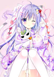 Rule 34 | 1girl, ;), absurdres, ahoge, animal, animal ears, blush, breasts, cat, cat ears, cat girl, cat tail, closed mouth, commentary request, feet out of frame, floral print, flower, hair ornament, highres, japanese clothes, kimono, knees together feet apart, knees up, large breasts, long sleeves, one eye closed, one side up, original, panties, pinching sleeves, pink background, print kimono, purple eyes, purple hair, purple kimono, red flower, shiwasu horio, sitting, sleeves past wrists, smile, solo, star (symbol), star hair ornament, starry background, tail, underwear, white panties, wide sleeves