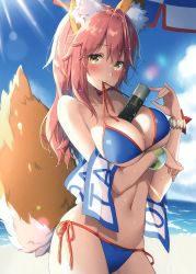 Rule 34 | 1girl, absurdres, animal ear fluff, animal ears, bare shoulders, beach, beach towel, between breasts, bikini, blue bikini, blue sky, blush, bracelet, breast hold, breasts, cleavage, cloud, cloudy sky, collarbone, contrapposto, cowboy shot, day, fate/grand order, fate (series), fox ears, fox tail, highres, jewelry, large breasts, long hair, looking at viewer, masuishi kinoto, mouth hold, navel, outdoors, pink hair, ribbon, ribbon in mouth, scan, shiny clothes, side-tie bikini bottom, sky, smile, solo, standing, sunlight, sweat, sweatdrop, swimsuit, tail, tamamo (fate), tamamo no mae (fate/extra), tamamo no mae (swimsuit lancer) (fate), towel, underboob, water, wet, wet hair, yellow eyes