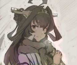 Rule 34 | 1girl, ahoge, alternate costume, breasts, cleavage, closed mouth, double bun, greyscale, hair bun, headgear, high collar, highres, kantai collection, kongou (kancolle), long hair, long sleeves, looking at viewer, monochrome, moor, scarf, simple background, sketch, solo